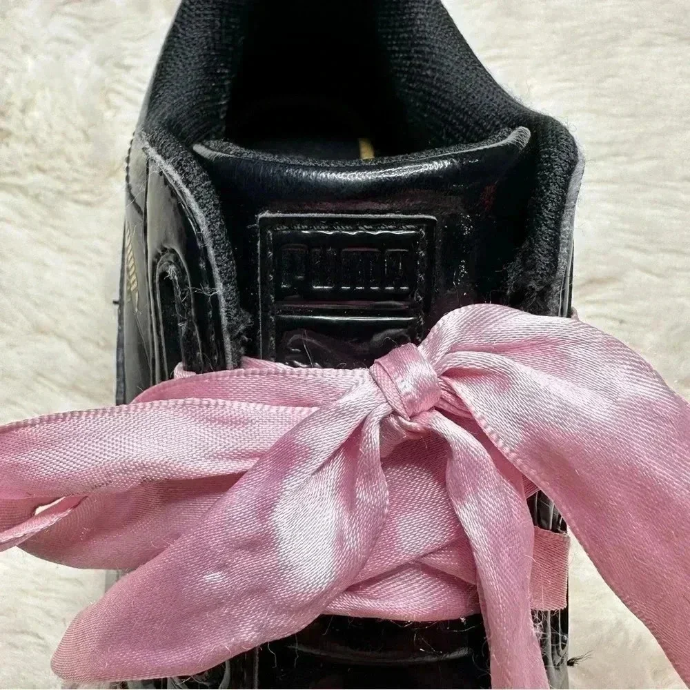 Puma Basket Heart Patent Black Sneakers  Pink Laces Size 8 - Picture 4 of 16